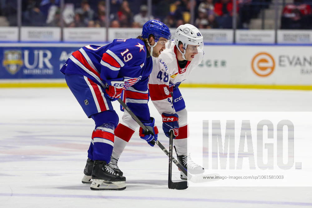 April 11th 2025: Laval Rocket forward Filip Mesar (48) battles with Rochester Americans forward Graham Slaggert (19) in the first period. The Rochester Americans hosted the Laval Rocket on Hall of Fame Night honoring Ryan Miller in an American Hockey League game at Blue Cross Arena in Rochester, New York. ( CSM) Rochester United States of America - ZUMAc04_ 20250411_zma_c04_112
