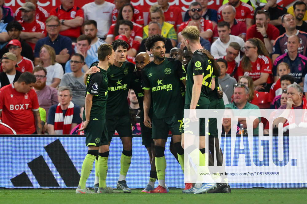 Nottingham Forest FC v Brentford FC - Premier League Kevin Schade of Brentford celebrates with teammates after scoring a goal to make it 0-2 during the Premier League match between Nottingham Forest and Brentford at the City Ground in Nottingham, England, on May 1, 2025. Nottingham Nottinghamshire United Kingdom