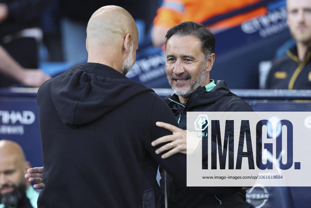 Manchester City FC v Wolverhampton Wanderers FC Manchester City Head Coach Pep Guardiola (L) and Wolverhampton Wanderers manager Vitor Pereira (R) before kick-off during the Manchester City FC v Wolverhampton Wanderers FC English Premier League match at the Etihad Stadium, Manchester, England, United Kingdom on 2 May 2025 Credit: Jake Kirkman Every Second Media Editorial use only. All images are copyright Every Second Media Limited. No images may be reproduced without prior permission. All rights reserved. Premier League and Football League images are subject to licensing agreements with Football DataCo Limited.