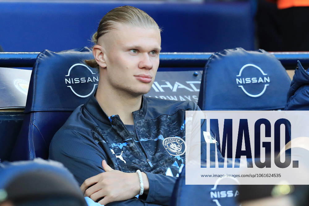 2nd May 2025; Etihad Stadium, Manchester, England; Premier League Football, Manchester City versus Wolverhampton Wanderers; Erling Haaland of Manchester City looks on from the substitutes& x2019; bench ActionPlus12781046 DavidxBlunsden Content restricted for UK based newspaper