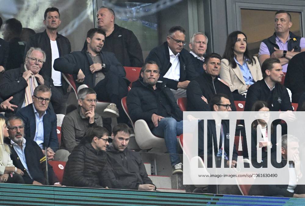 Soccer 1 Bundesliga 2024 2025, Matchday 32, RB Leipzig FC Bayern Munich, in the Red Bull Arena Leipzig, from left CEO Jan Christian Dreesen FC Bayern Munich and President Herbert Hainer FC Bayern in the VIP stand, above Marcel Schäfer RB Leipzig and Mario Gomez RB Leipzig DFL and DFB regulations prohibit any use of photographs as image sequences and or quasi video