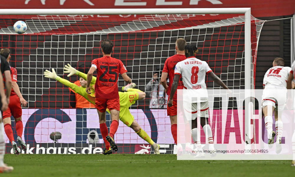 Soccer 1 Bundesliga 2024 2025, Matchday 32, RB Leipzig FC Bayern Munich, at Red Bull Arena Leipzig, Lukas Klostermann RB Leipzig scores 2 0 DFL and DFB regulations prohibit any use of photographs as image sequences and or quasi video