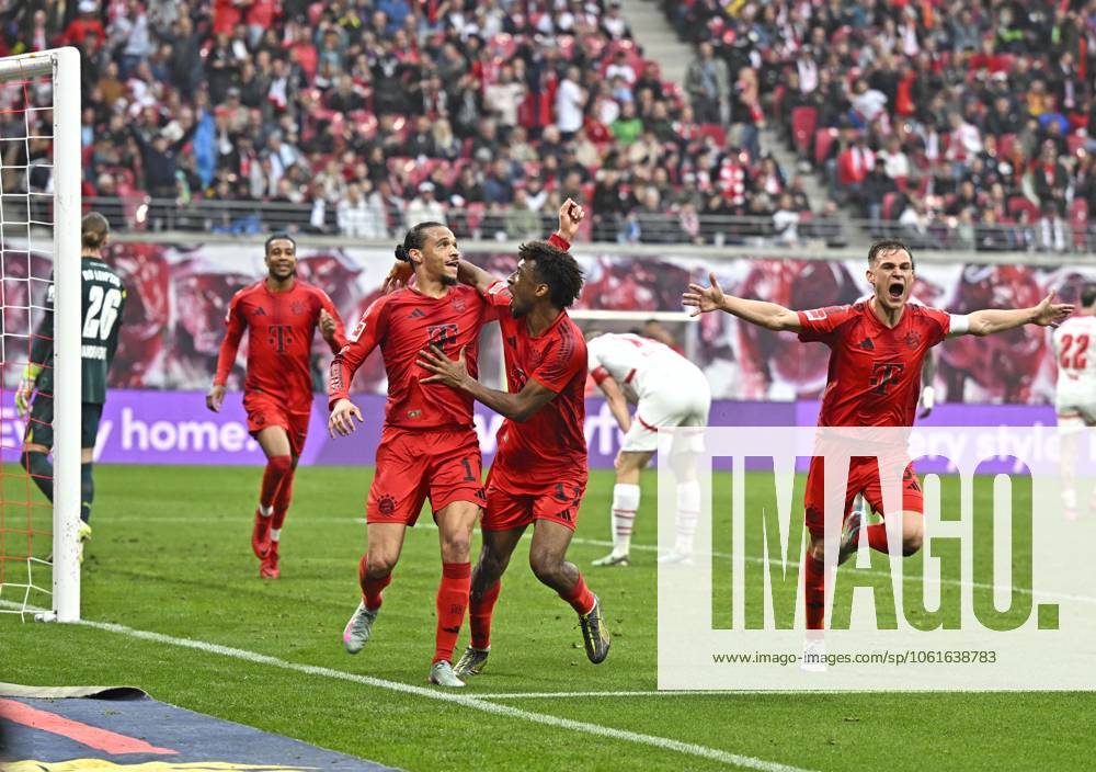 Soccer 1 Bundesliga 2024 2025, Matchday 32, RB Leipzig FC Bayern Munich, in the Red Bull Arena Leipzig, Goal celebration v l Leroy Sane Bayern Munich and Kingsley Coman FC Bayern Munich and Joshua Kimmich FC Bayern Munich DFL and DFB regulations prohibit any use of photographs as image sequences and or quasi video