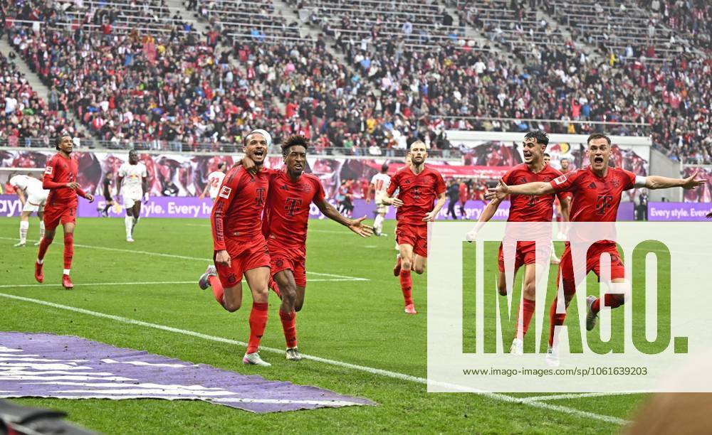 Soccer 1 Bundesliga 2024 2025, Matchday 32, RB Leipzig FC Bayern Munich, at the Red Bull Arena Leipzig, from left Leroy Sane Bayern Munich , Kingsley Coman FC Bayern Munich , Konrad Laimer FC Bayern Munich , Aleksandar Pavlovic Bayern Munich and Joshua Kimmich FC Bayern Munich DFL and DFB regulations prohibit any use of photographs as image sequences and or quasi video