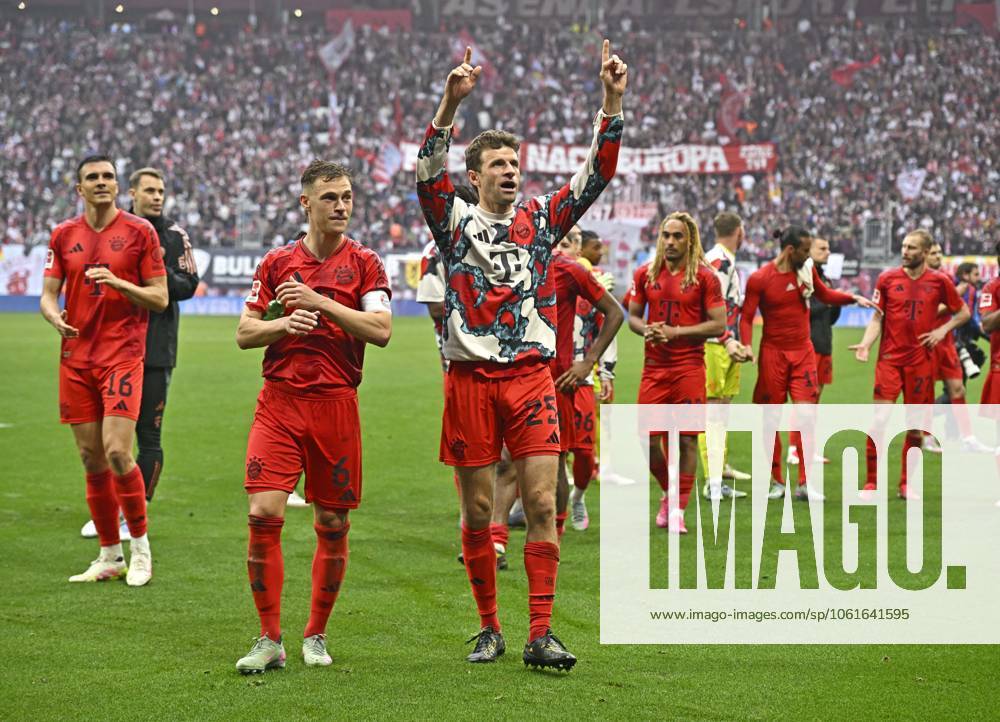Soccer 1 Bundesliga 2024 2025, Matchday 32, RB Leipzig FC Bayern Munich, in the Red Bull Arena Leipzig, The Bayern players with the fans in the curve, f l Joao Palhinha FC Bayern Munich , Joshua Kimmich FC Bayern Munich , Thomas Müller FC Bayern Munich , Sacha Boey FC Bayern Munich etc DFL and DFB regulations prohibit any use of photographs as image sequences and or quasi video