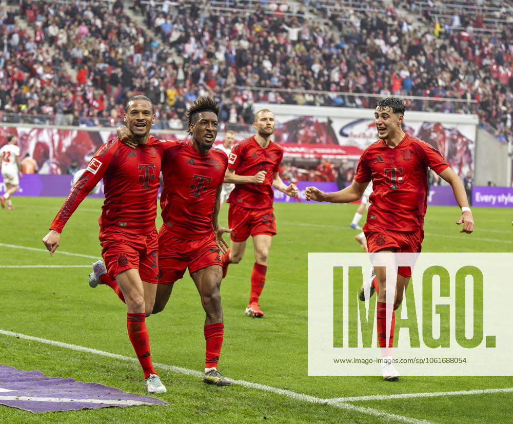 Soccer 1 Bundesliga 2024 2025, Matchday 32, RB Leipzig FC Bayern Munich, in the Red Bull Arena Leipzig, Goal celebration Leroy Sane left, Bayern Munich after his 3 2 lead goal, with Kingsley Coman FC Bayern Munich and Aleksandar Pavlovic Bayern Munich