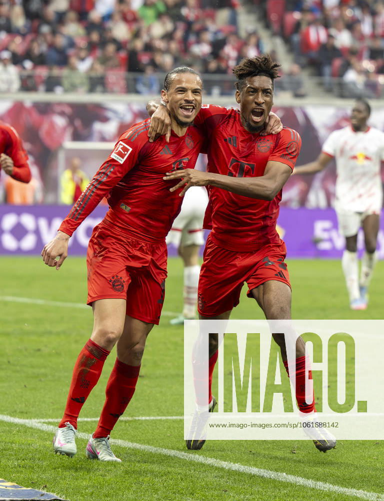 Soccer 1 Bundesliga 2024 2025, Matchday 32, RB Leipzig FC Bayern Munich, in the Red Bull Arena Leipzig, Goal celebration Leroy Sane li, Bayern Munich after his 3 2 lead goal, with Kingsley Coman FC Bayern Munich ,