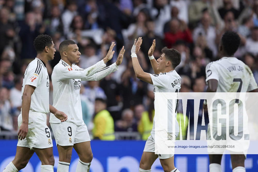 Kylian Mbappe Real Madrid CF celebrates after scoring his team˜s second goal with team mates during the LaLiga match between Real Madrid and RC Celta at Santiago Bernabà u on May 4, 2025 in Madrid, Spain Photo by Manu Reino DeFodi Images