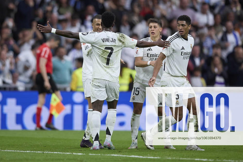 Kylian Mbappe Real Madrid CF celebrates after scoring his team˜s second goal with team mates during the LaLiga match between Real Madrid and RC Celta at Santiago BernabÃ u on May 4, 2025 in Madrid, Spain Photo by Manu Reino DeFodi Images