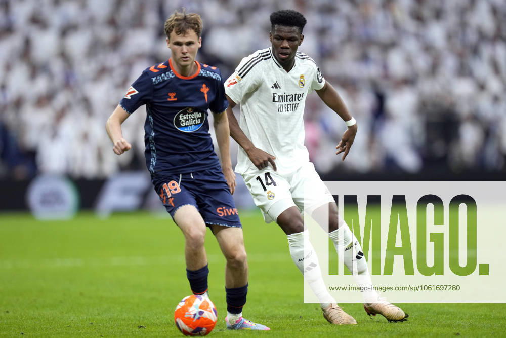 Real Madrid v RC Celta. La Liga EA Sports match. Date 34 Aurelien Tchouameni of Real Madrid CF and Williot Swedberg of RC Celta during the La Liga EA Sports match between Real Madrid v RC Celta played at Santiago Bernabeu Stadium on 4 May 2025 in Madrid, Spain. kpng