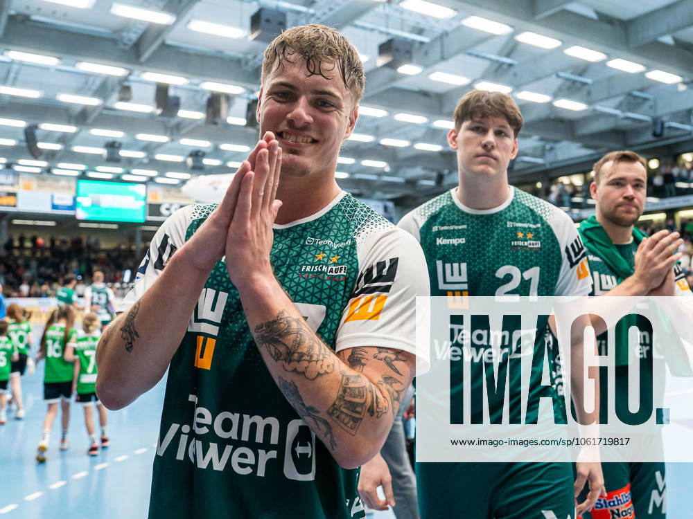 Victor Kloeve Frisch Auf Goeppingen, 07 beaming after the win, Frisch Auf Goeppingen vs HC Erlangen, Handball, 1 Bundesliga, Men, 2024 2025 season, 04 05 2025, Frisch Auf Goeppingen vs HC Erlangen, Handball, 1 Bundesliga, Men, 2024 2025 season, 04 05 2025 Goeppingen