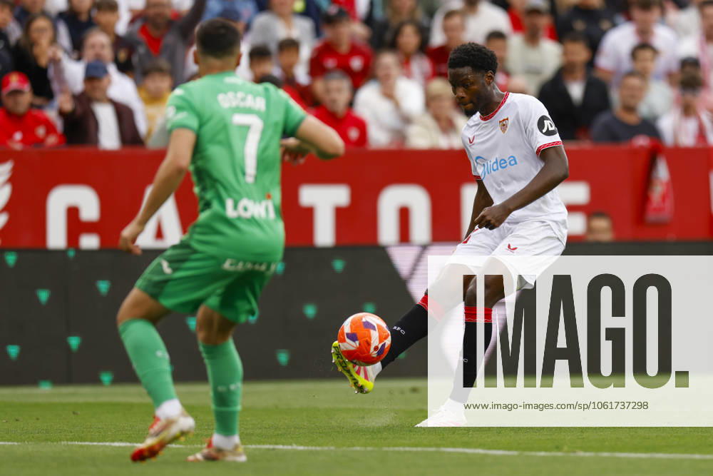 Sevilla FC v CD Leganes - La Liga EA Sports Luciem Agoume of Sevilla FC makes a center to the area during the La Liga EA Sports match between Sevilla FC and CD Leganes at Sanchez Pizjuan in Seville, Spain, on May 4, 2025. Seville Spain