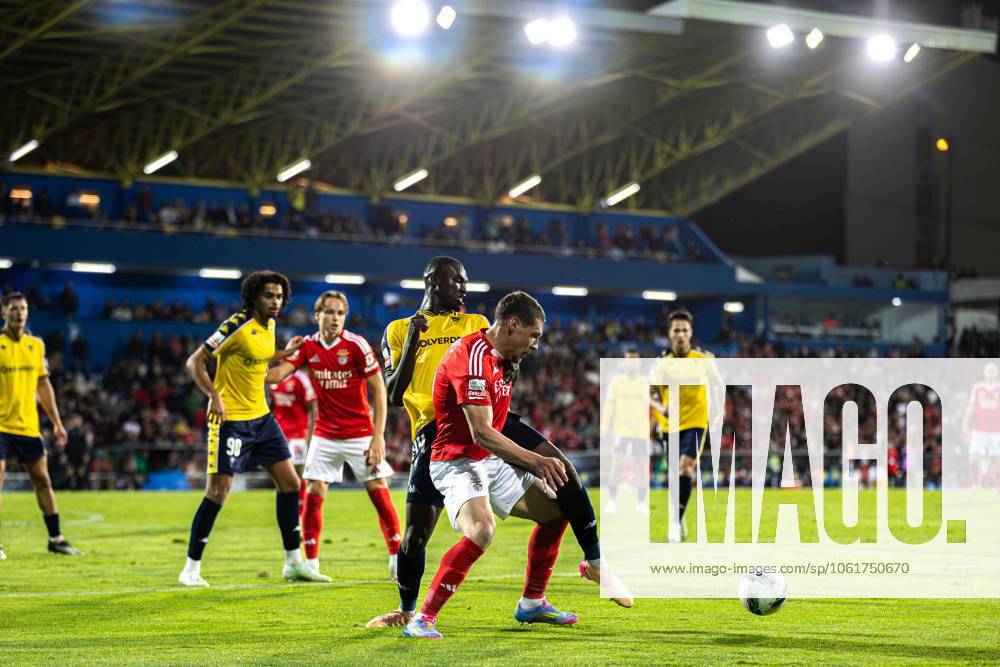 Estoril Praia SAD Vs SL Benfica in Cascais, Portugal - 03 May 2025 Andrea Belotti of SL Benfica and Kevin Boma of Estoril Praia SAD seen in action during the Liga Portugal Betclic match between Estoril Praia SAD and SL Benfica at Estadio Antonio Coimbra da Mota. (Final score: Estoril Praia SAD 1 - 2 SL Benfica). Cascais Portugal