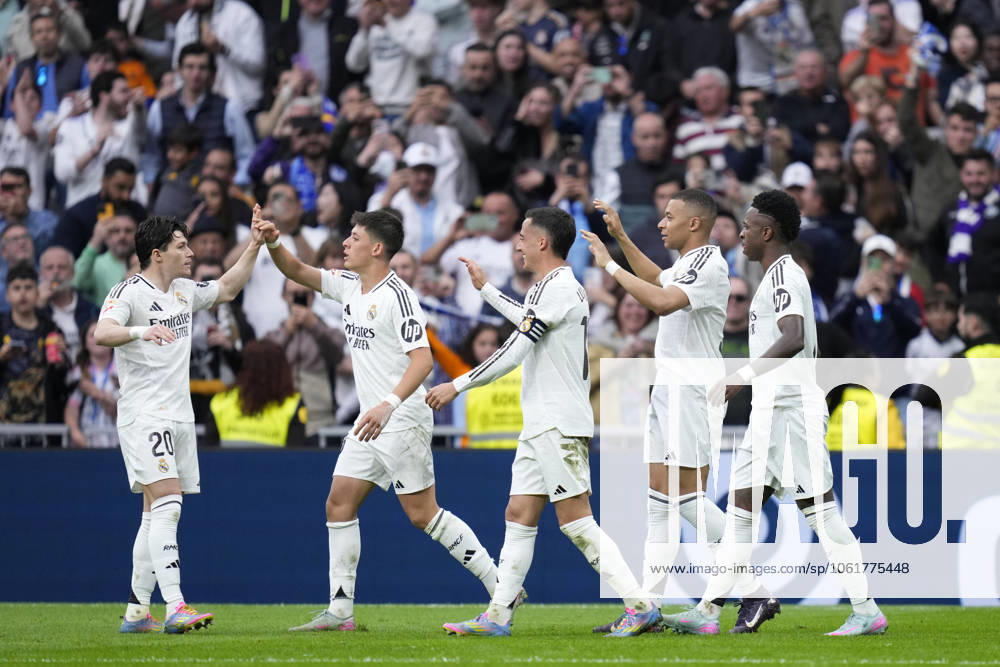 Real Madrid v RC Celta. La Liga EA Sports match. Date 34 Fran Garcia, Arda Guler, Luca Vazquez, Kylian Mbappe and Vinicius Junior of Real Madrid CF during the La Liga EA Sports match between Real Madrid v RC Celta played at Santiago Bernabeu Stadium on 4 May 2025 in Madrid, Spain. kpng