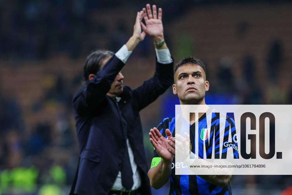 CALCIO - UEFA Champions League - Inter - FC Internazionale vs FC Barcelona, Barca Lautaro Martinez of FC Internazionale celebrates the victory at the end of the match during UEFA Champions League 2024 25 Semi Final - 2nd leg football match between FC Internazionale and FC Barcelona at San Siro Stadium Milan Italy