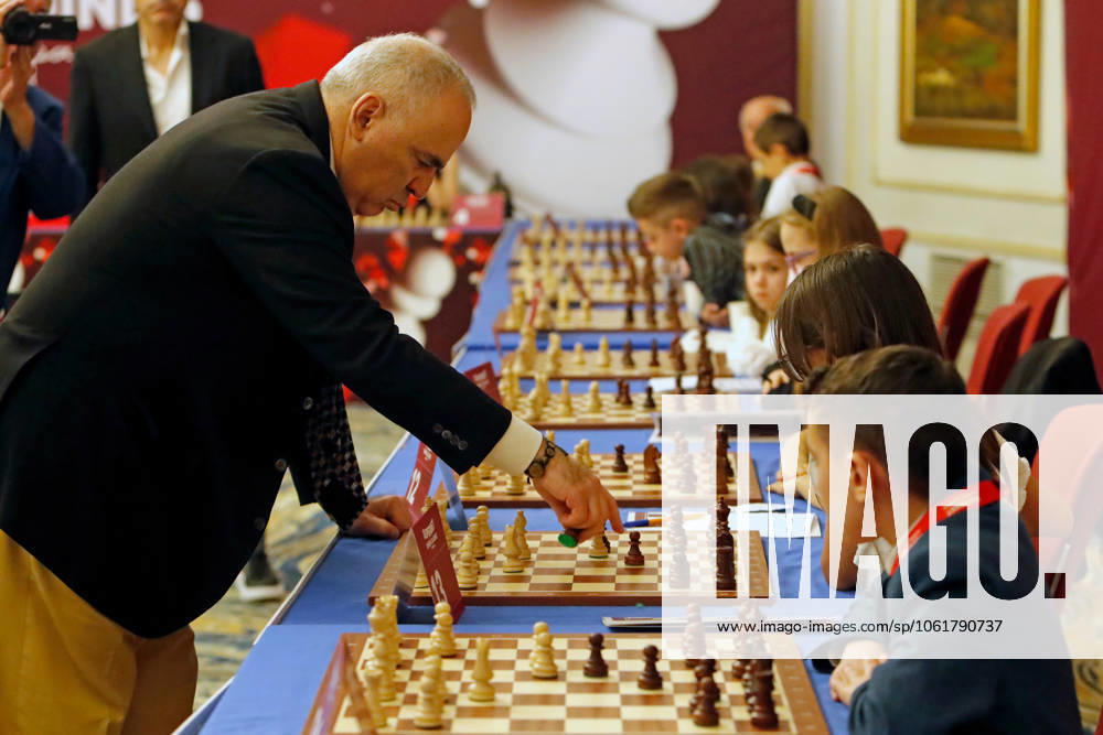 (250507) -- BUCHAREST, May 7, 2025 -- Former World Chess Champion Garry Kasparov of Russia makes a move during a demonstrative simultaneous chess game with Romanian children and teenager players at the official opening ceremony of the Grand Chess Tour 2025 tournament in Bucharest, Romania, May 6, 2025. (Photo by Xinhua) (SP)ROMANIA-BUCHAREST-GRAND CHESS TOUR 2025 CristianxCristel