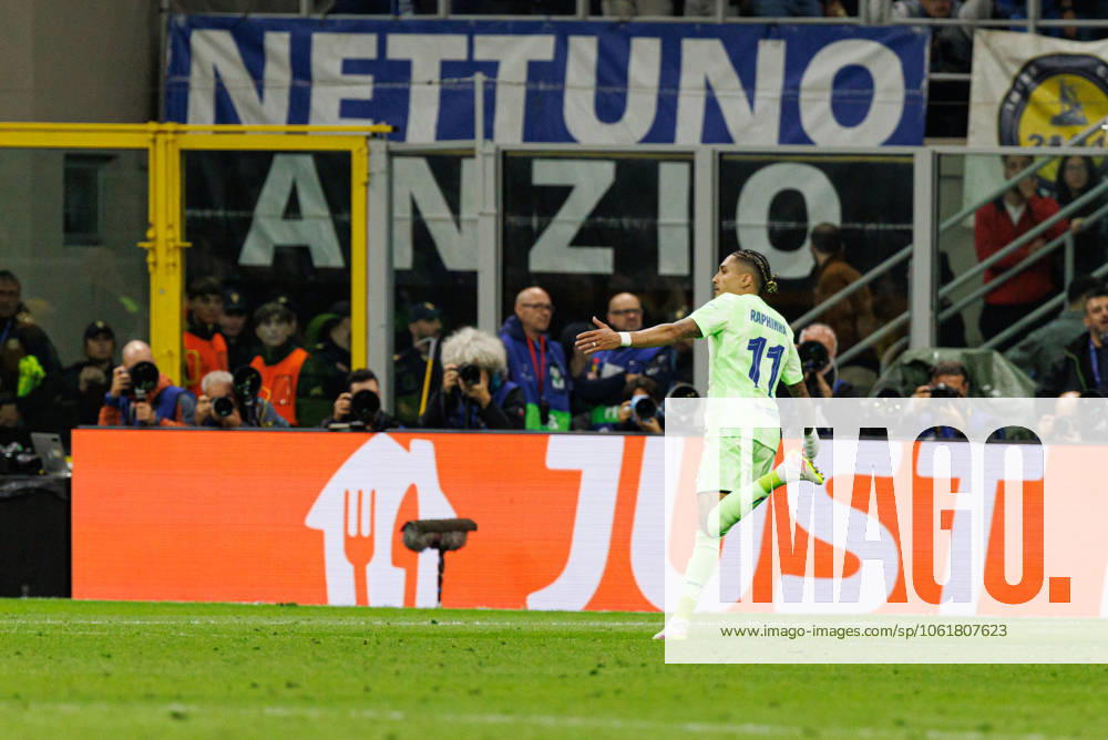 Raphinha seen celebrating after scoring goal during UEFA Champions League semifinal game between teams of Internazionale Milano and FC Barcelona, Barca (Maciej Rogowski) Milan San Siro Italy