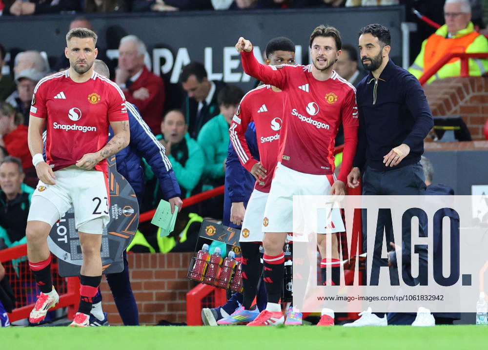 8th May 2025; Old Trafford, Manchester, England; Europa League Semi Final Second Leg Football, Manchester United, ManU versus Athletic Club; Manchester United manager Ruben Amorim makes substitutions of Mason Mount, Luke Shaw and Amad Dialo ActionPlus12784222 RogerxEvans Content restricted for UK based newspaper