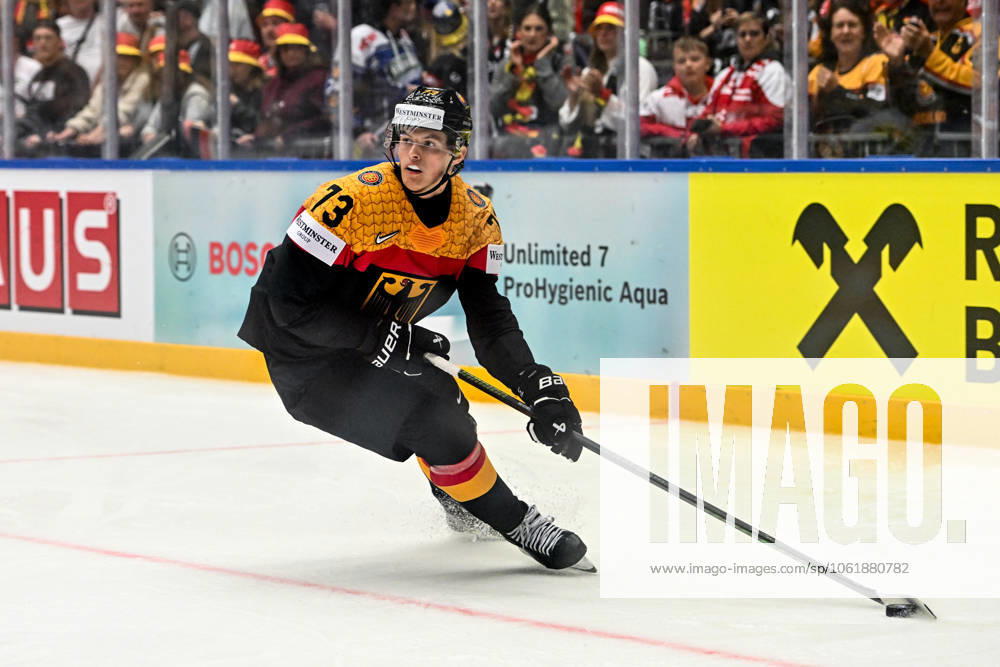 ODENSE, DENMARK MAY 10 Lukas Reichel of Germany controls the puck during the 2025 Ice Hockey World Championship match between Germany and Hungary at Jyske Bank Arena on May 10, 2025 in Odense, Denmark Odense Jyske Bank Arena Denmark