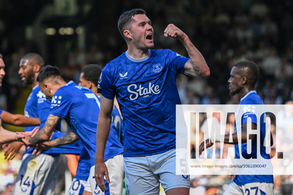 Fulham v Everton Premier League 10 05 2025. **GOAL** Everton defender Michael Keane (5) heads the ball GOAL scores 1-2 and celebrates during the Premier League match between Fulham and Everton at Craven Cottage, London, England on 10 May 2025. London Craven Cottage Greater London England Editorial use only DataCo restrictions apply See www.football-dataco.com ,