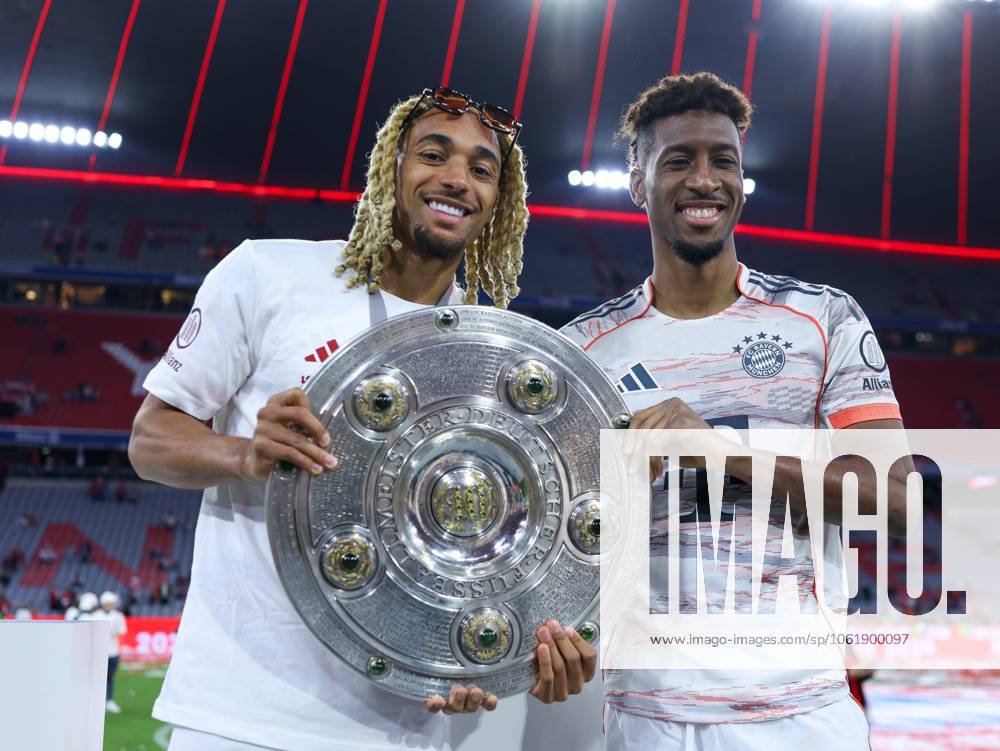 Soccer 1 Bundesliga 33 Matchday FC Bayern Munich Borussia Mönchengladbach on 10 05 2025 at the Allianz Arena in Munich Sascha Boey Munich , left Kingsley Coman Munich , right with the championship trophy DFL regulations prohibit any use of photographs as image sequences and or quasi video