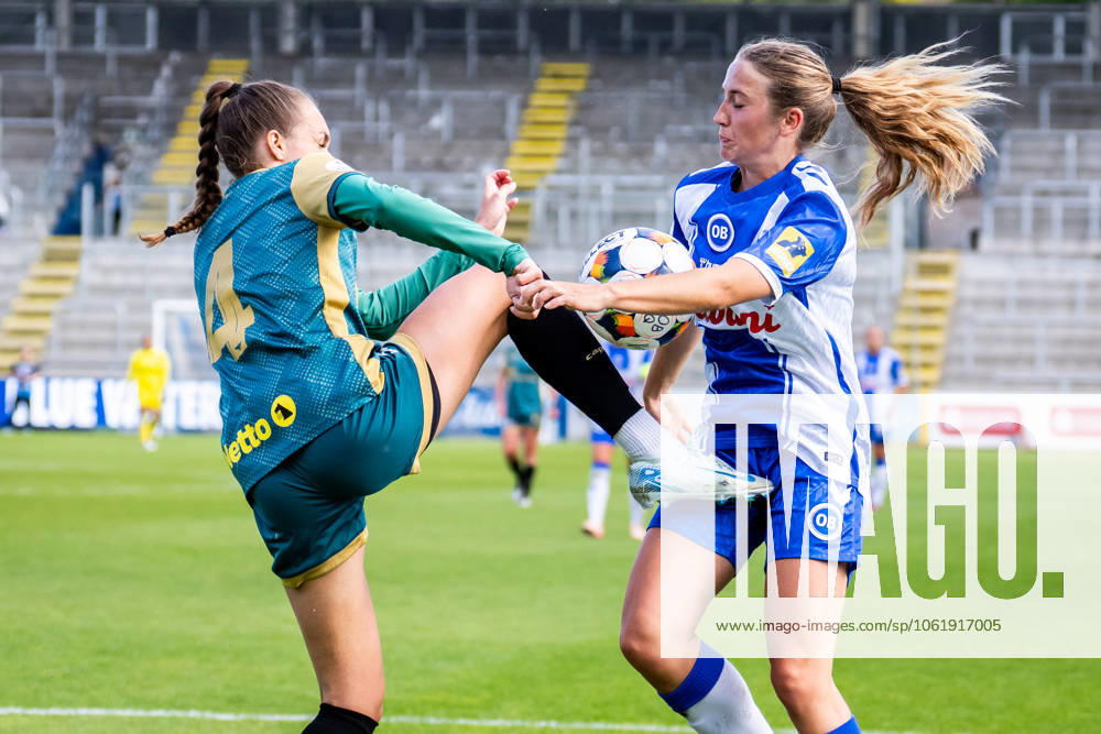 OB Q v HB Koge, Gjensidige Kvindeliga football, Odense, Denmark Odense, Denmark. 10th, May 2025. Anna Bout (15) of OB Q and Selma Svendsen (4) of HB Koge seen during the Gjensidige Kvindeliga match between OB Q and HB Koge at Nature Energy Park in Odense. Denmark, Odense