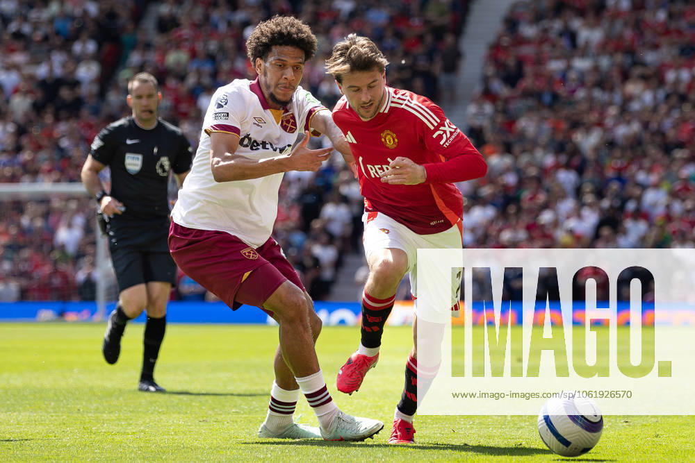 Manchester United, ManU FC v West Ham United FC Jean-Clair Todibo (25) of West Ham United challenges Mason Mount (7) of Manchester United during the Manchester United FC v West Ham United FC English Premier League match at Old Trafford, Manchester, England, United Kingdom on 11 May 2025 Credit: Ian Stephen Every Second Media Editorial use only. All images are copyright Every Second Media Limited. No images may be reproduced without prior permission. All rights reserved. Premier League and Football League images are subject to licensing agreements with Football DataCo Limited. see https: www.football-dataco.com