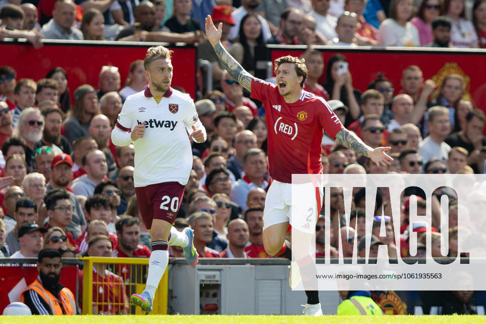 Manchester United, ManU FC v West Ham United FC Jarrod Bowen (20) of West Ham United looks on at Victor Lindelöf (2) of Manchester United who protests during the Manchester United FC v West Ham United FC English Premier League match at Old Trafford, Manchester, England, United Kingdom on 11 May 2025 Credit: Ian Stephen Every Second Media Editorial use only. All images are copyright Every Second Media Limited. No images may be reproduced without prior permission. All rights reserved. Premier League and Football League images are subject to licensing agreements with Football DataCo Limited. see https: www.football-dataco.com