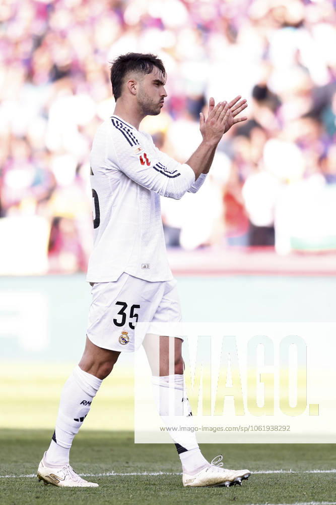 Raul Asencio of Real Madrid gestures during the Spanish League, LaLiga EA Sports, football match played between FC Barcelona, Barca and Real Madrid at Estadi Olimpic Lluis Companys on May 11, 2025, in Madrid, Spain. Madrid spain - ZUMAa181 20250511_zaa_a181_160
