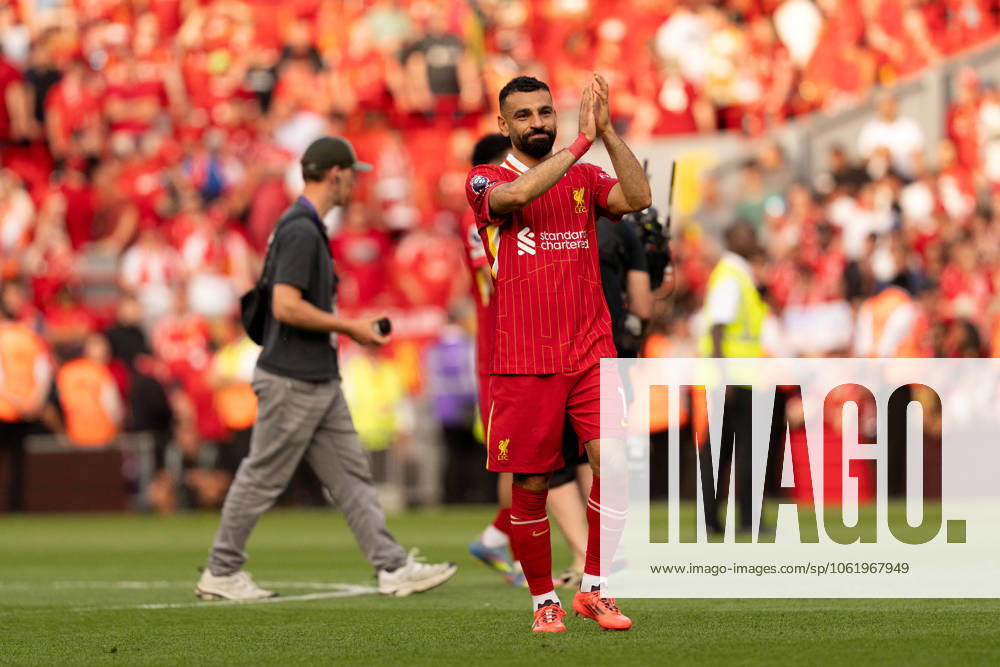 Liverpool FC v Arsenal FC - Premier League Mohamed Salah applauds the fans after the Premier League match between Liverpool and Arsenal at Anfield in Liverpool, England, on May 11, 2025. Liverpool Merseyside United Kingdom