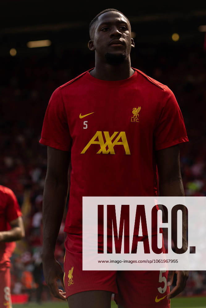 Liverpool FC v Arsenal FC - Premier League Ibrahima Konate warms up during the Premier League match between Liverpool and Arsenal at Anfield in Liverpool, England, on May 11, 2025. Liverpool Merseyside United Kingdom