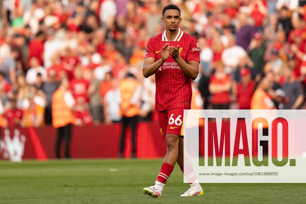 Liverpool FC v Arsenal FC - Premier League Trent Alexander-Arnold applauds the fans after the Premier League match between Liverpool and Arsenal at Anfield in Liverpool, England, on May 11, 2025. Liverpool Merseyside United Kingdom