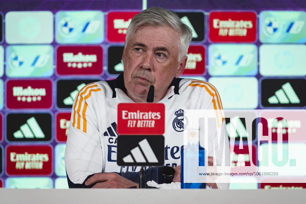 La Liga 2024 25: Real Madrid Training Session and press conference, PK, Pressekonferenz Carlo Ancelotti, head coach of Real Madrid CF, is seen speaking during Real Madrid Training Session and Press Conference ahead of the La Liga match against RCD Mallorca at Ciudad Real Madrid on May 13, 2025 in Valdebebas, Spain. Valdebebas Ciudad Real Madrid Madrid Spain