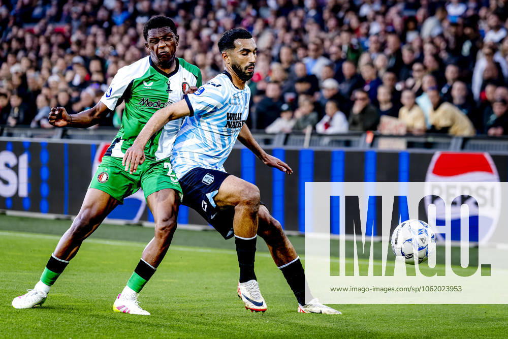 Feyenoord Rotterdam midfielder Givairo Read, RKC midfielder Yassin Oukili during the match Feyenoord RKC at the Feyenoord stadium De Kuip for the Dutch Eredivisie season 2024 2025 in ROTTERDAM, Netherlands on 14 may 2025, photo by Marcel van Dorst EYE4images DeFodi Images