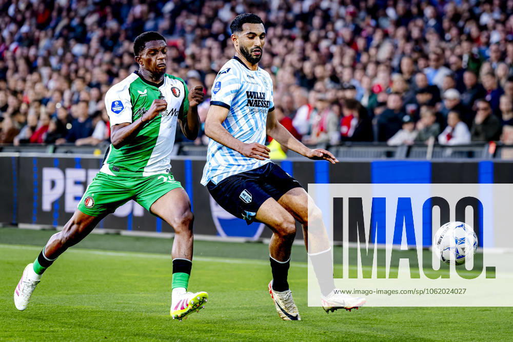 Feyenoord Rotterdam midfielder Givairo Read, RKC midfielder Yassin Oukili during the match Feyenoord RKC at the Feyenoord stadium De Kuip for the Dutch Eredivisie season 2024 2025 in ROTTERDAM, Netherlands on 14 may 2025, photo by Marcel van Dorst EYE4images DeFodi Images