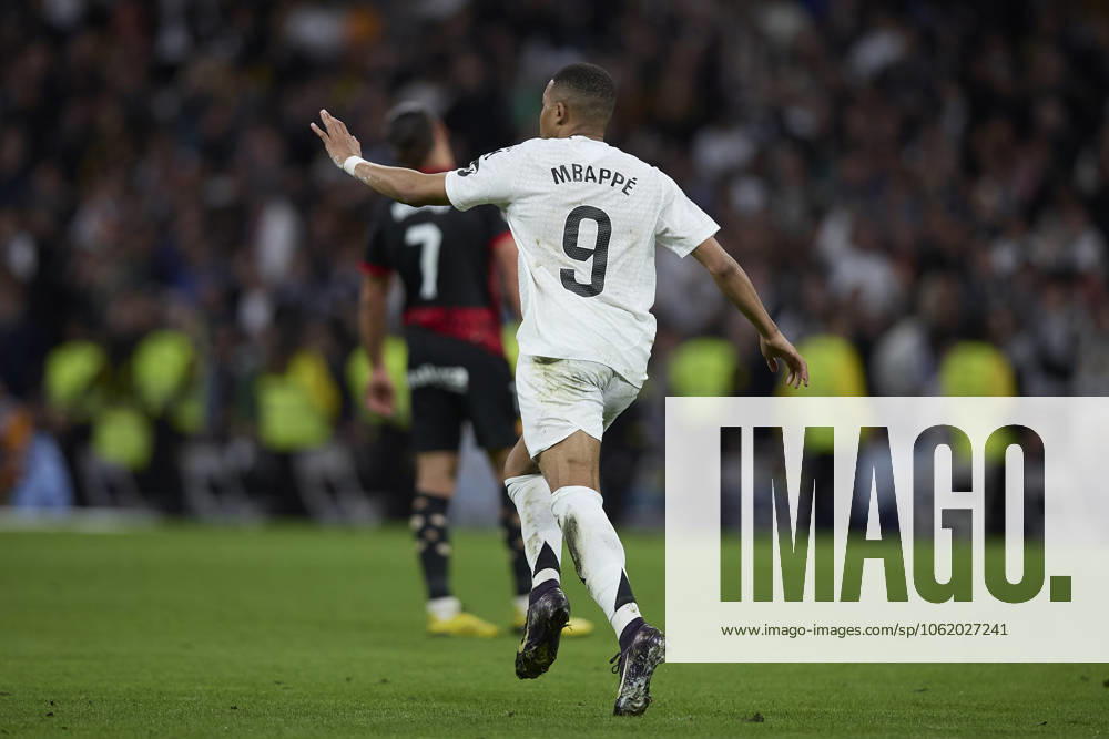 Kylian Mbappe Real Madrid CF celebrates after scoring his team˜s first goal during the LaLiga match between Real Madrid and RCD Mallorca at Santiago Bernabà u on May 14, 2025 in Madrid, Spain Photo by Manu Reino DeFodi Images