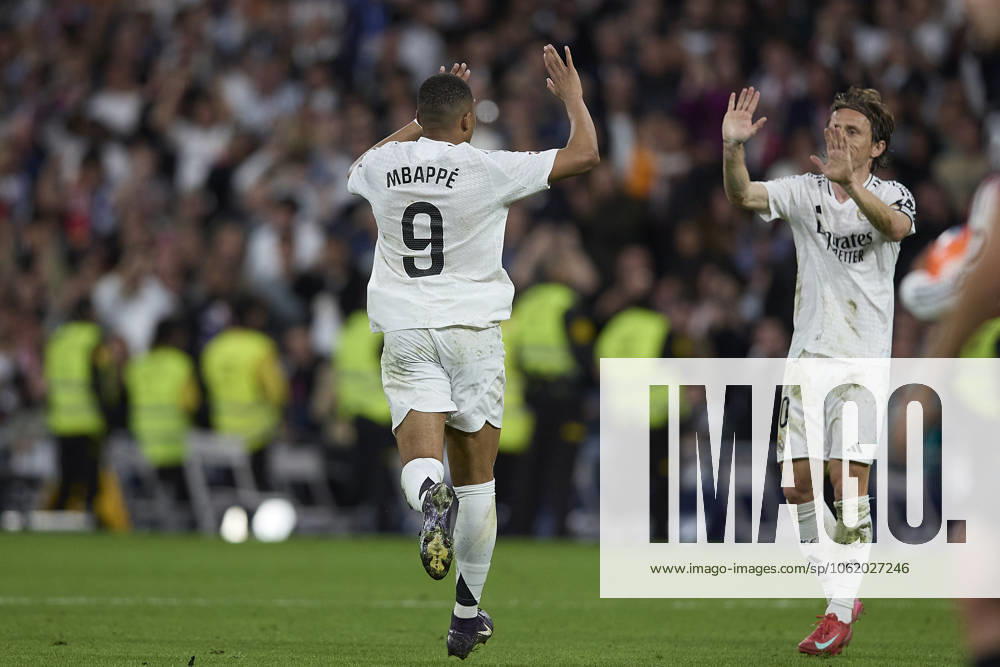 Kylian Mbappe Real Madrid CF celebrates after scoring his team˜s first goal during the LaLiga match between Real Madrid and RCD Mallorca at Santiago Bernabà u on May 14, 2025 in Madrid, Spain Photo by Manu Reino DeFodi Images