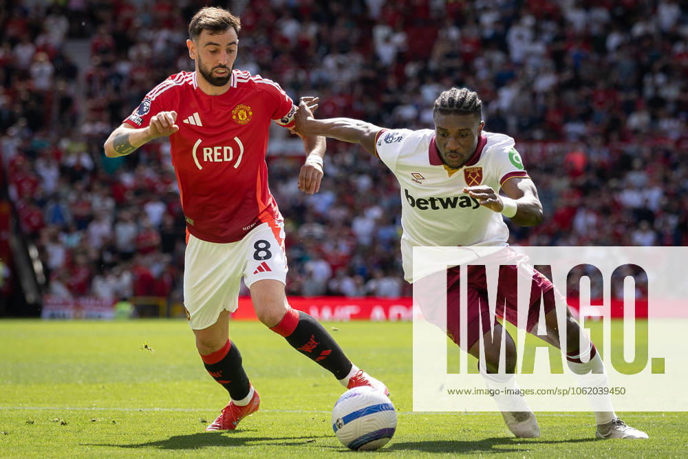 Manchester United, ManU FC v West Ham United FC Bruno Fernandes (8) of Manchester United challenges Mohammed Kudus (14) of West Ham United during the Manchester United FC v West Ham United FC English Premier League match at Old Trafford, Manchester, England, United Kingdom on 11 May 2025 Credit: Ian Stephen Every Second Media Editorial use only. All images are copyright Every Second Media Limited. No images may be reproduced without prior permission. All rights reserved. Premier League and Football League images are subject to licensing agreements with Football DataCo Limited. see https: www.football-dataco.com