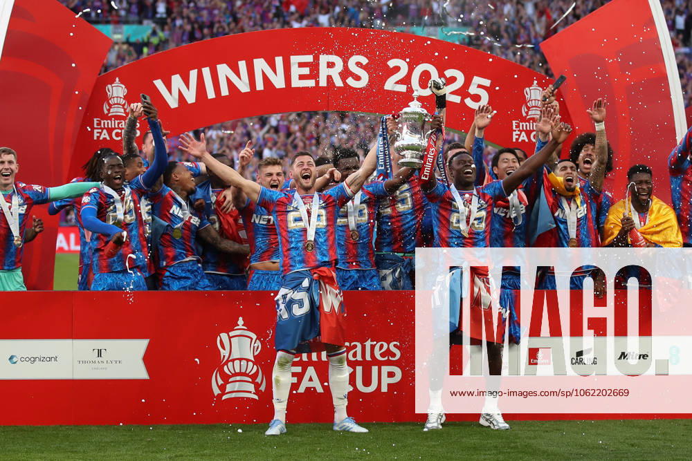 Crystal Palace Captains Joel Ward and Marc GuŽhi lift the trophy during the FA Cup Final match between Crystal Palace and Manchester City at Wembley Stadium, London, England on 17 May 2025.