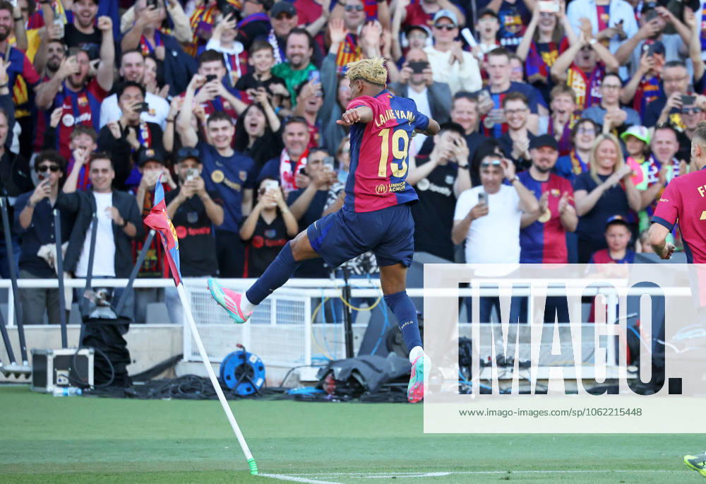 FC Barcelona, Barca v Villarreal CF - La Liga EA Sports Lamine Yamal celebrates during the match between FC Barcelona and Villarreal CF, corresponding to week 37 of LaLiga EA Sports, at the Olympic Stadium Lluis Companys, in Barcelona, Spain, on May 18, 2025. Barcelona Barcelona Spain