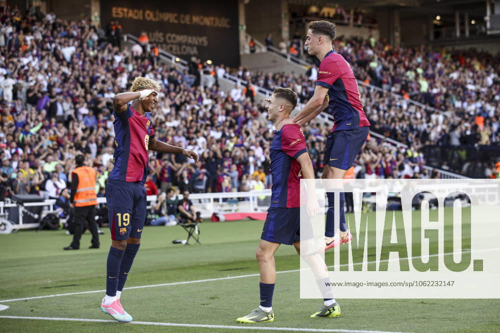 FC Barcelona, Barca Vs Villarreal CF - La Liga EA Sports Fermin Lopez of FC Barcelona celebrates after scoring a goal with Lamine Yamal and Pablo Gavi of FC Barcelona during the La Liga EA Sports match between FC Barcelona and Villarreal CF at Olimpic Llus Companys in Barcelona, Spain, on May 18, 2025. Barcelona Spain