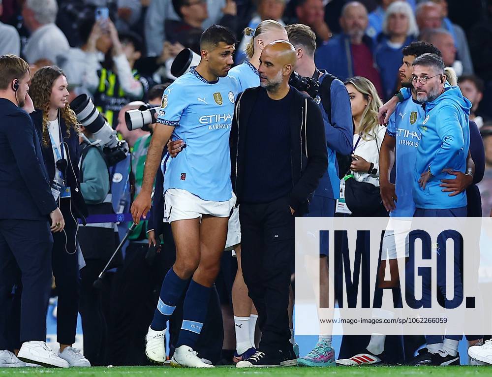 Manchester City manager Pep Guardiola with Rodri at the end of the match Manchester City v AFC Bournemouth, Premier League, Football, Etihad Stadium, Manchester, UK