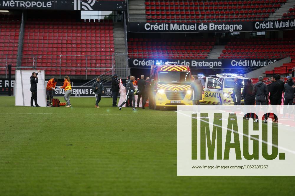 After his cardiac arrest, ambulances come to pick up Samuel Nibombé of AS Monaco during the Challenge Espoirs 2025, Final football match between Stade Rennais and AS Monaco on 21 May 2025 at Roazhon Park in Rennes, France - Photo Julien Kammerer PsnewZ