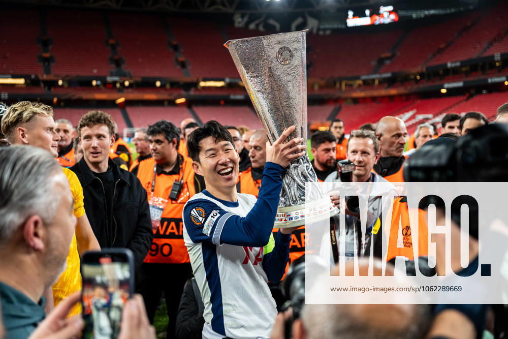 Tottenham Hotspur win the UEFA Europa League final, Bilbao, Spain Bilbao, Spain. 21st, May 2025. Son Heung-Min of Tottenham Hotspur seen in celebration as winner of the UEFA Europa League final between Tottenham Hotspur and Manchester United, ManU at San Mames in Bilbao. Spain, Bilbao