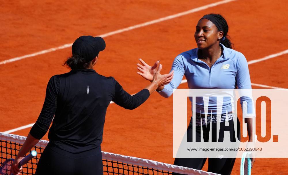 Coco Gauff and Madison Keys shake hands after practice French Open Tennis, Thursday Previews, Qualifying and Practice, Tennis, Roland Garros, Paris, France