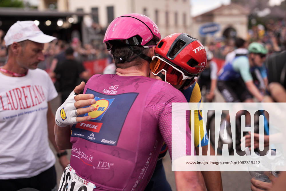 Pedersen Mads of Lidl-Trek cyclamen jersey winner of the stage greets Van Aert Wout of Team Visma Lease A Bike during the stage 13 of the Giro dItalia from Rovigo to Vicenza, Italy - Friday, May 23, 2025. - cycling.