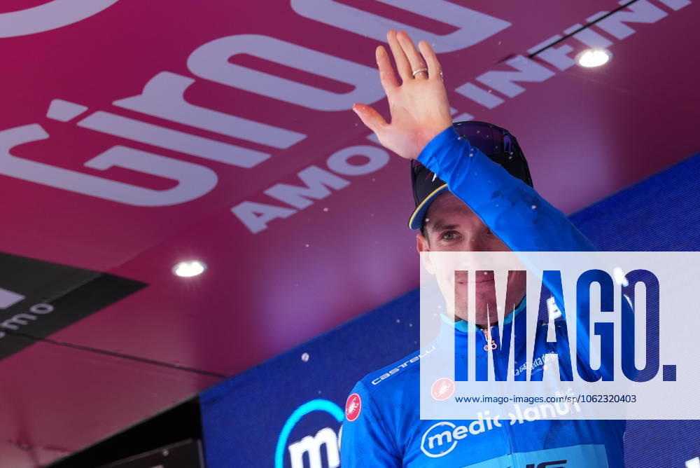 Fortunato Lorenzo of Xds Astana Team azure jersey on the podium during the stage 13 of the Giro dItalia from Rovigo to Vicenza, Italy - Friday, May 23, 2025. - cycling.