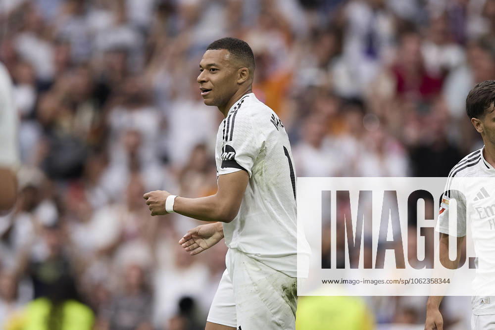 Kylian Mbappe Real Madrid CF celebrates after scoring his team˜s first goal during the LaLiga match between Real Madrid and Real Sociedad at Santiago Bernabà u on May 24, 2025 in Madrid, Spain Photo by Manu Reino DeFodi Images