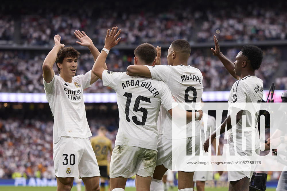 Kylian Mbappe Real Madrid CF celebrates after scoring his team˜s second goal with team mates during the LaLiga match between Real Madrid and Real Sociedad at Santiago Bernabà u on May 24, 2025 in Madrid, Spain Photo by Manu Reino DeFodi Images