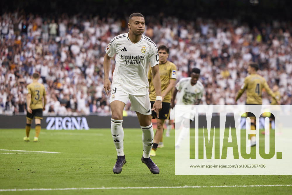 Kylian Mbappe Real Madrid CF celebrates after scoring his team˜s second goal during the LaLiga match between Real Madrid and Real Sociedad at Santiago Bernabà u on May 24, 2025 in Madrid, Spain Photo by Manu Reino DeFodi Images